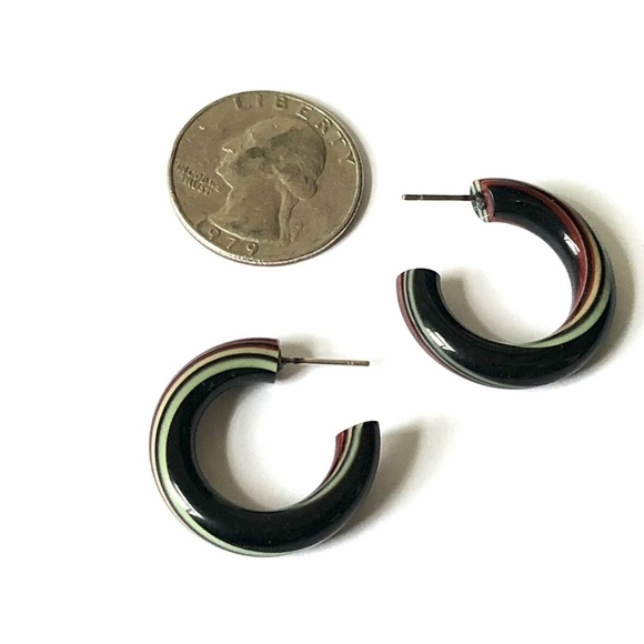 Black Stripe Vintage Lucite Tube Hoop Earrings - Picture 7 of 8